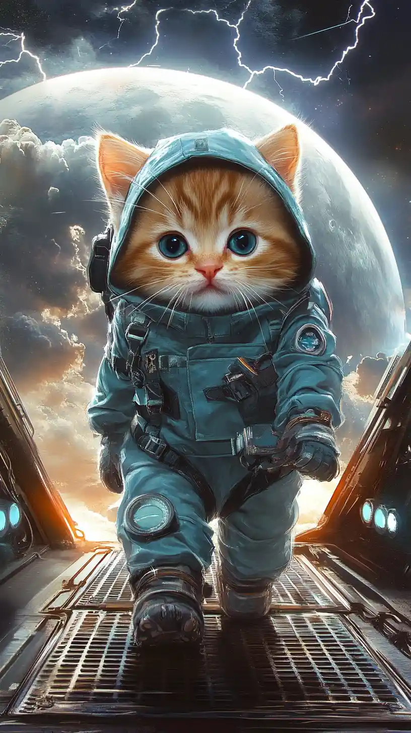Roter Kater im blauen Sci-Fi‑Uniform auf leuchtendem Steg