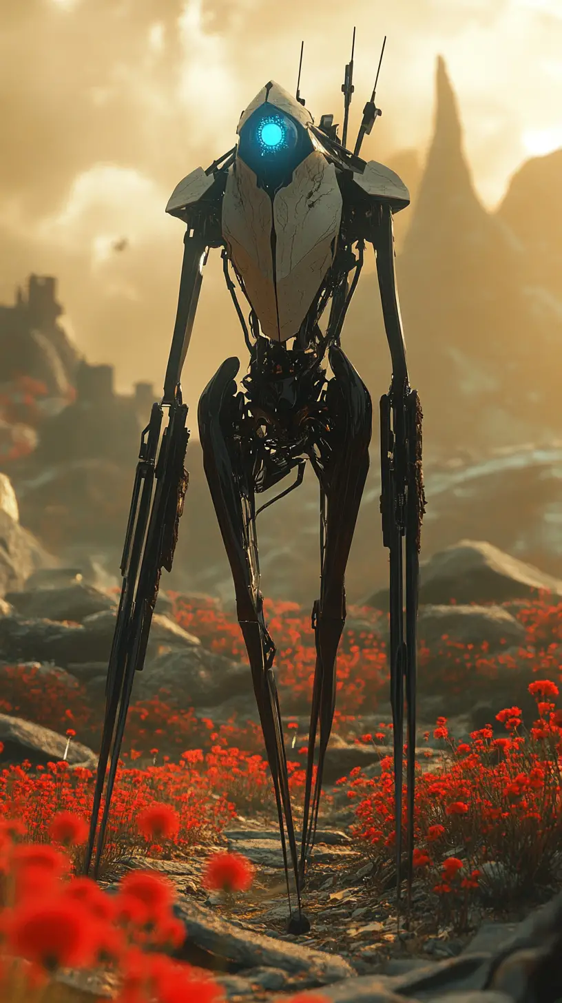 Robot Running Through Red Spider Lily Battlefield at Sunset