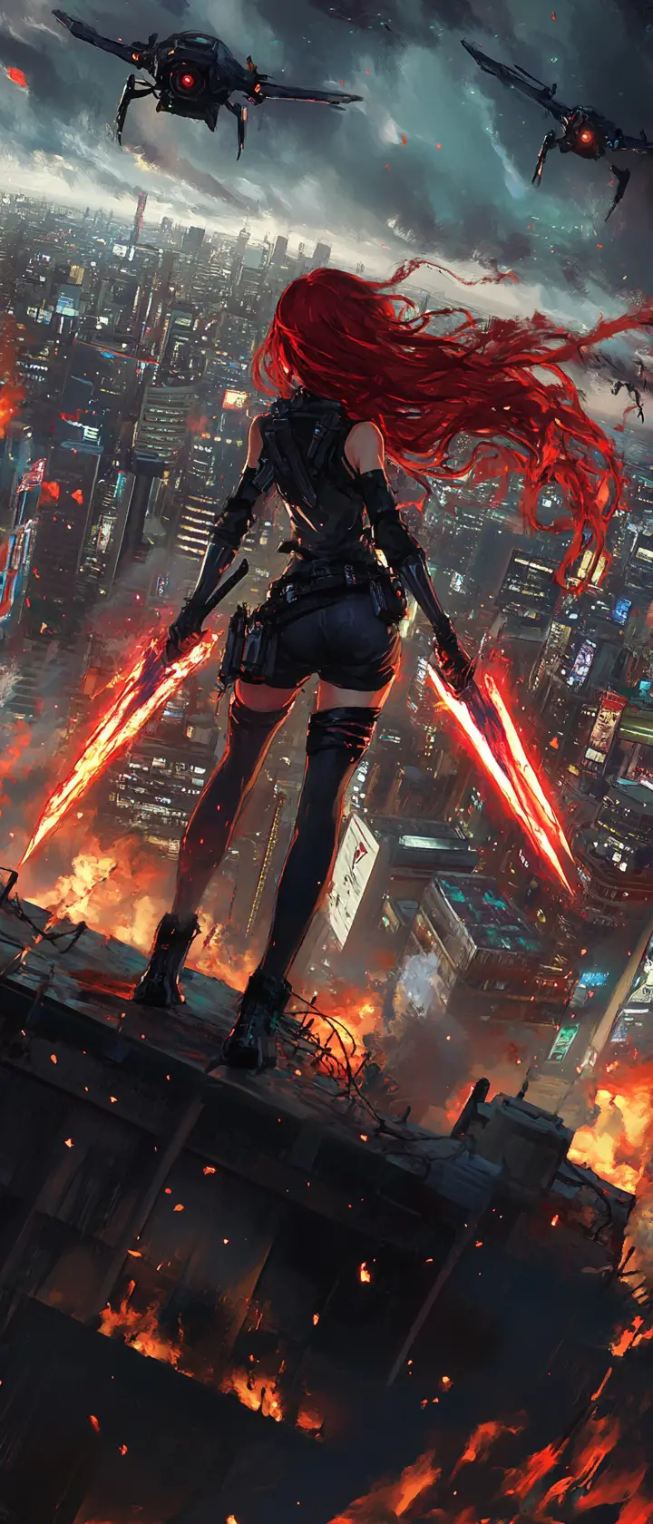 Anime rebel girl fighting drones on burning rooftop