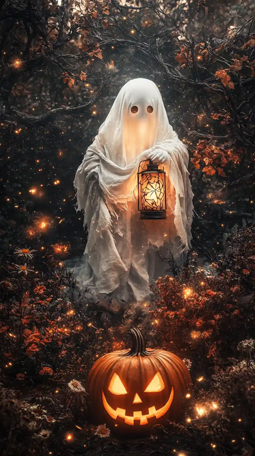 Ghost With Lantern In Enchanted Halloween Forest