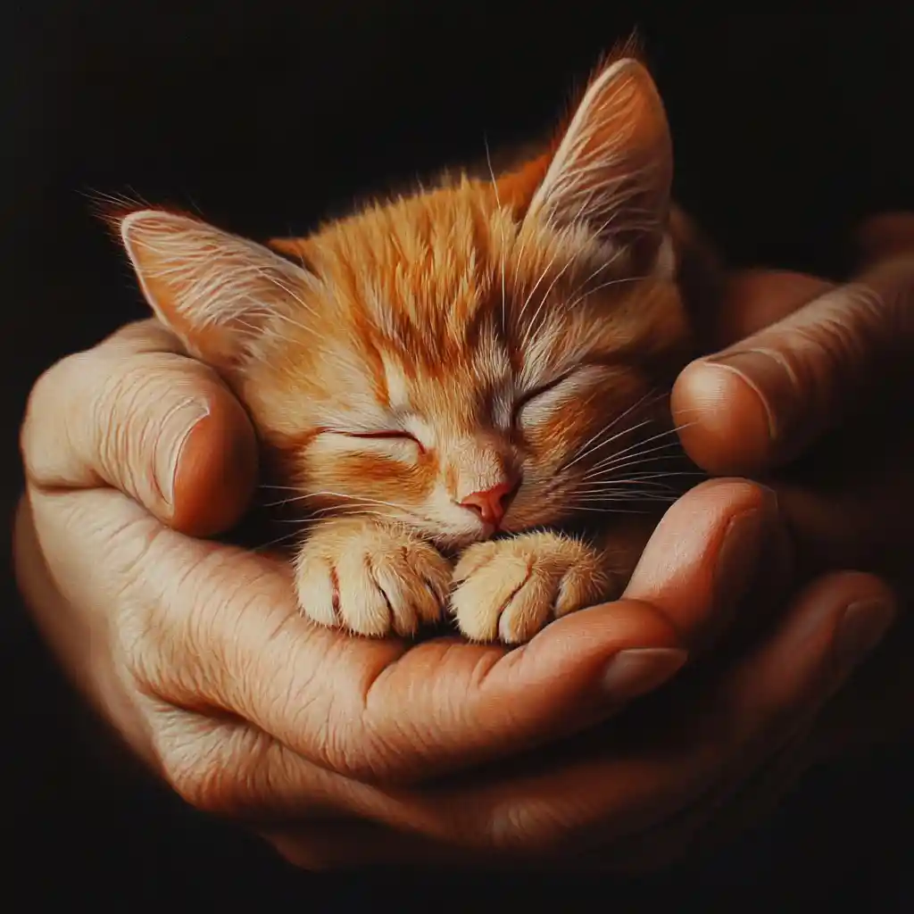 Newborn tabby kitten sleeping safely in gentle hands