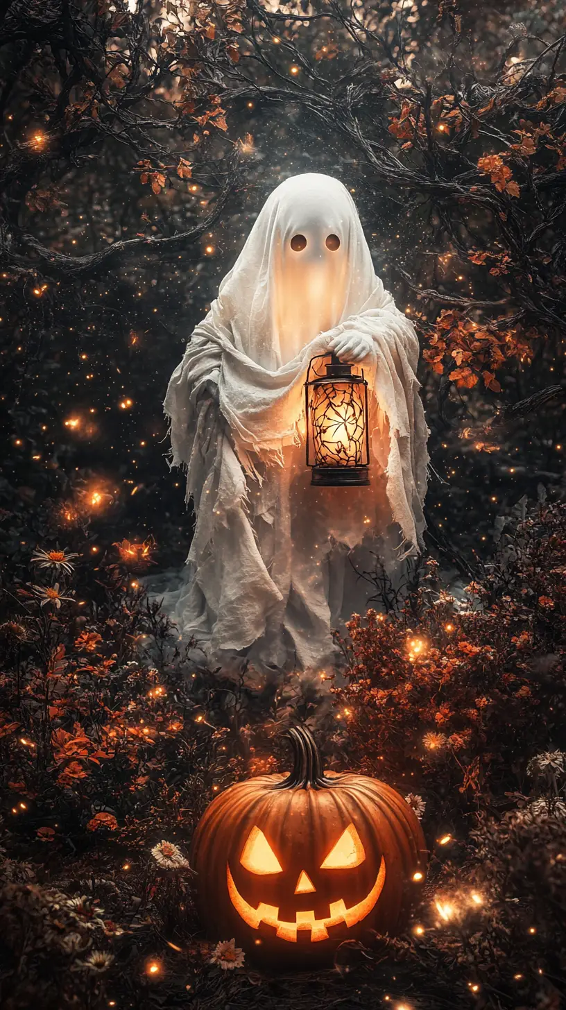 Ghost With Lantern In Enchanted Halloween Forest