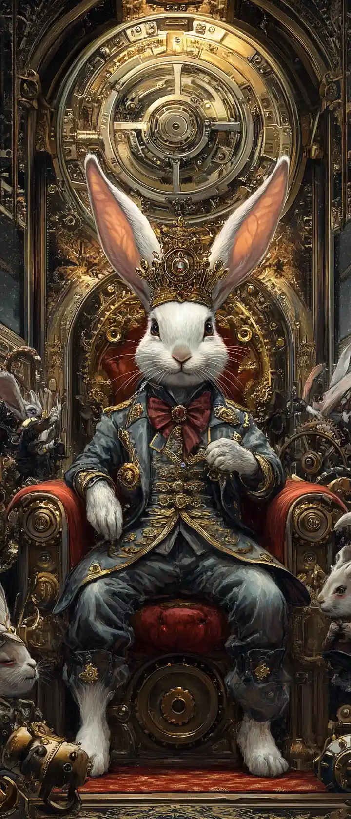 Regal rabbit king on a steampunk brass cog throne