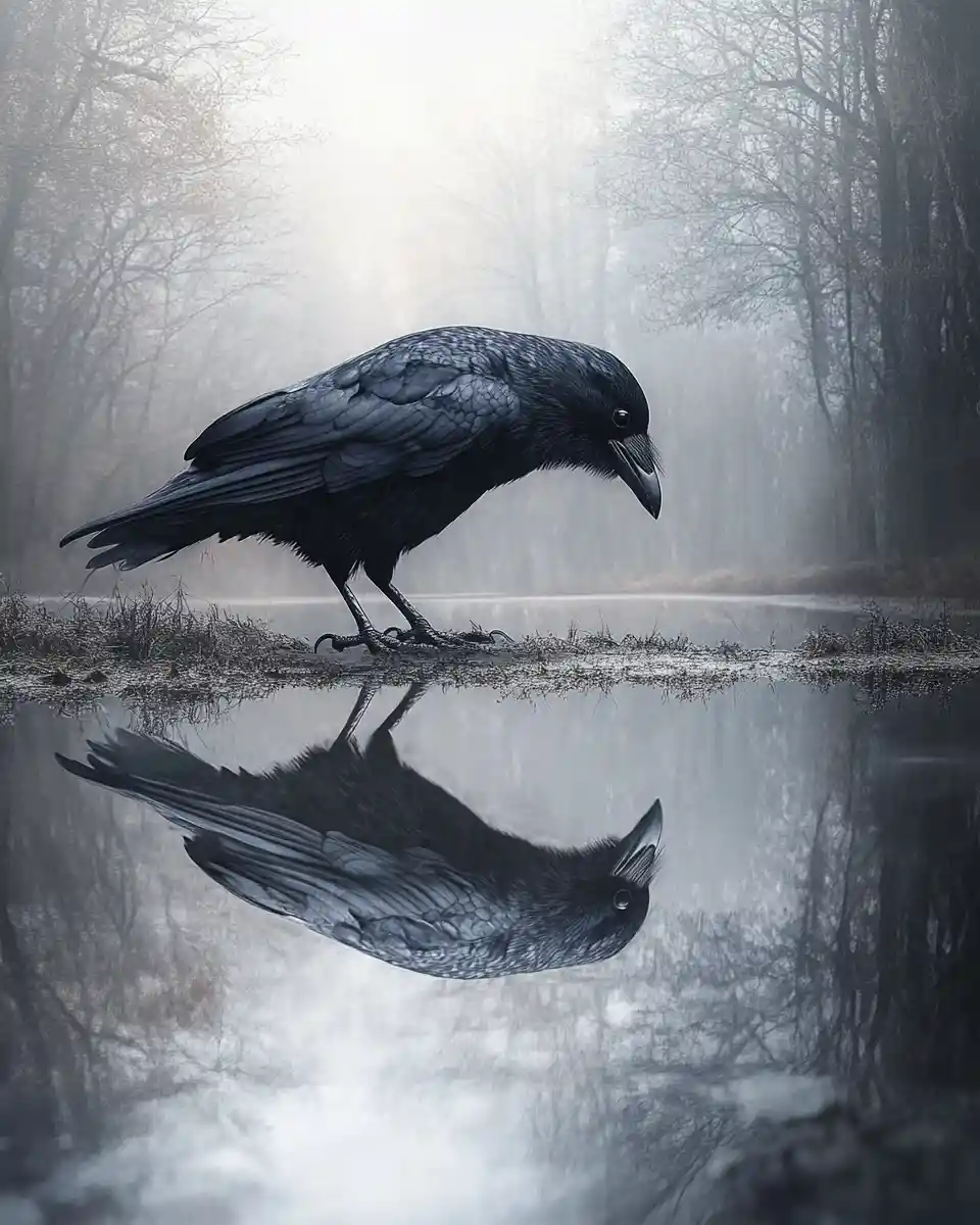 Solitary black bird fading into distant silent echo