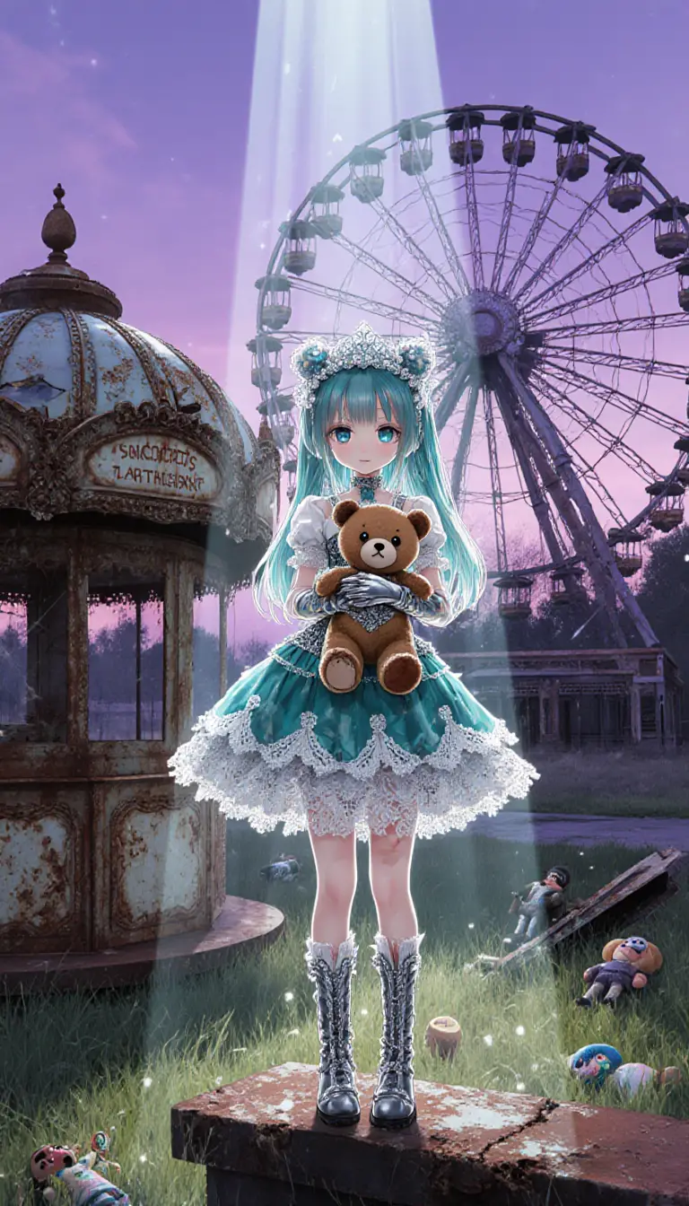 Chica de anime con osito de peluche roto en parque de atracciones en ruinas