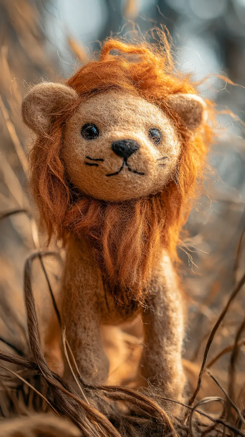 Macro close up of a handcrafted wool felt lion figure