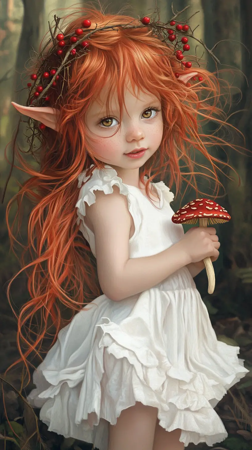 Cute red haired girl holding a fly agaric in forest