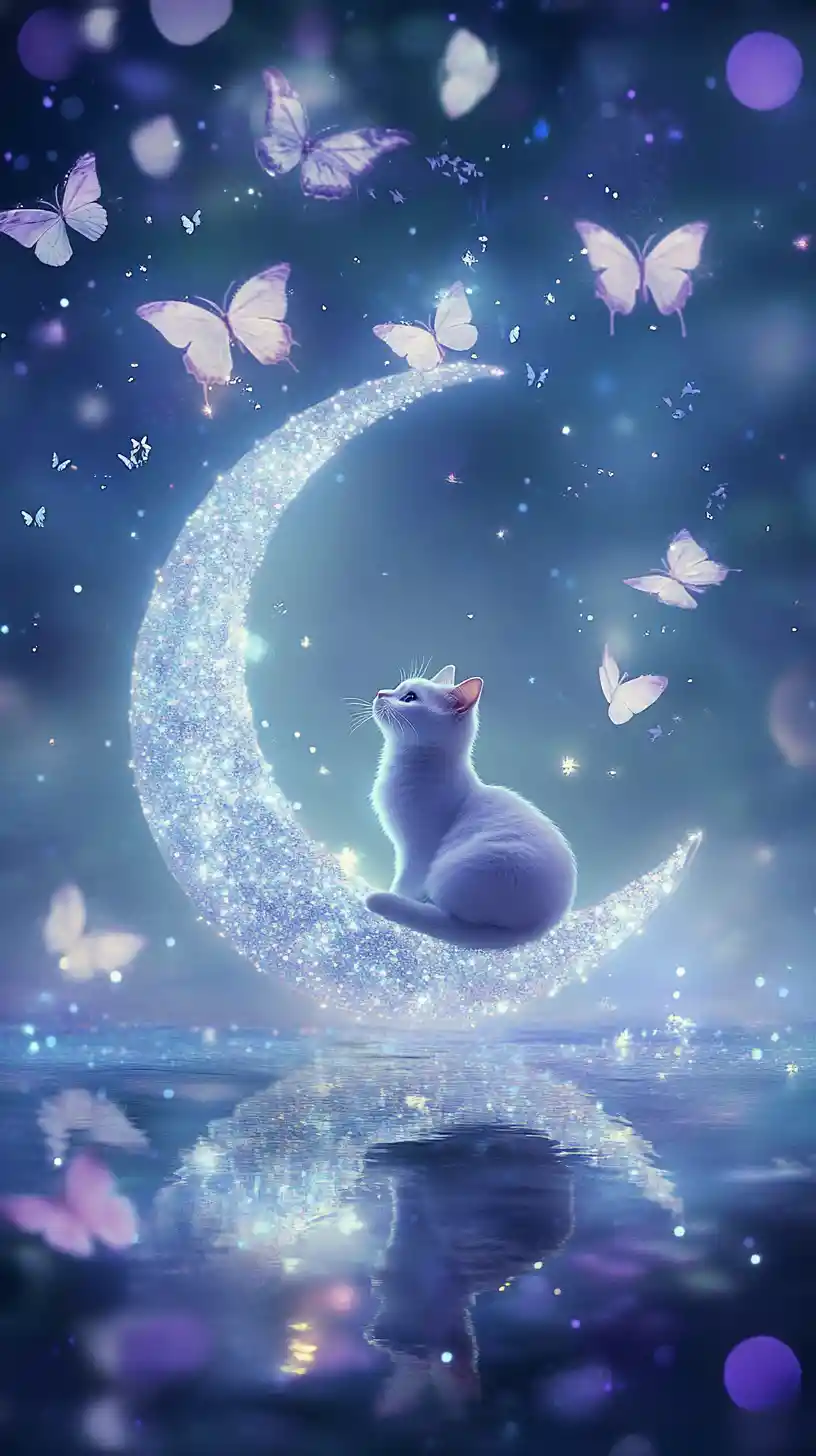 Cat On Glowing Crescent Moon In Dreamy Fantasy Sky