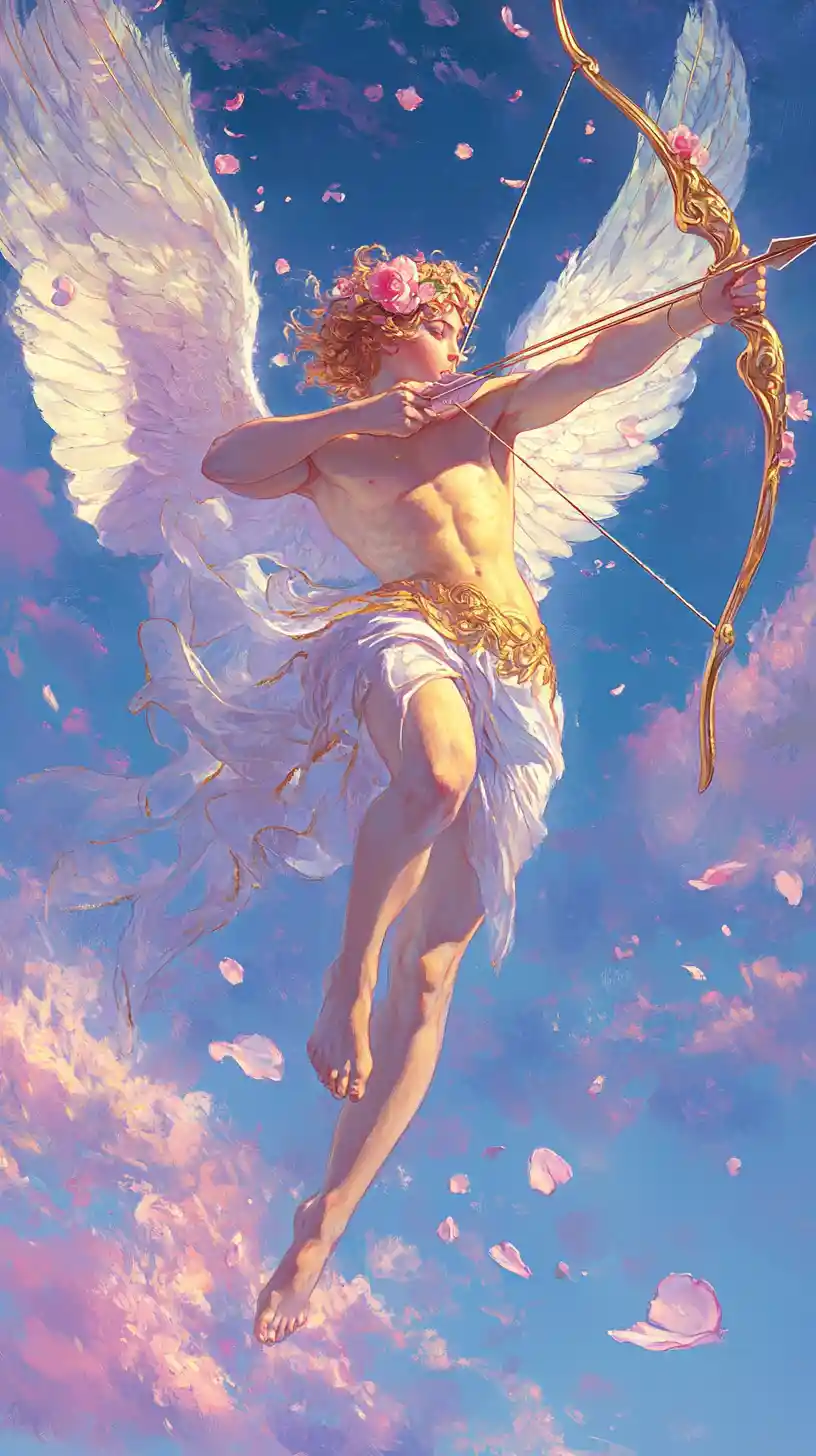 Eros con arco d’oro che sorvola il cielo del crepuscolo