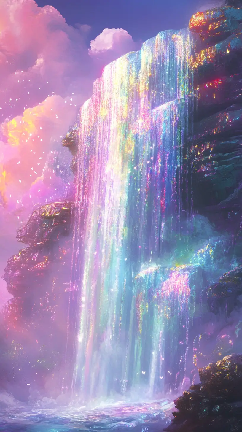 Golden waterfall over quartz cliffs under pastel sky