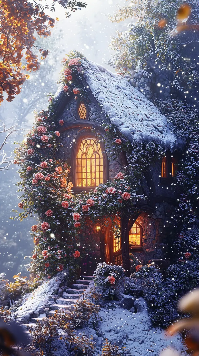 Snow covered chalet glowing in a misty mountain valley