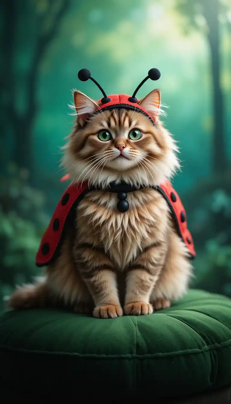Gatto persiano in costume da coccinella su cuscino di velluto