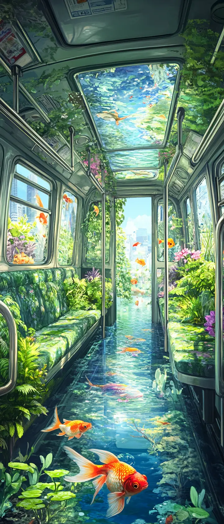 Interior surreal de metro lleno de agua y plantas