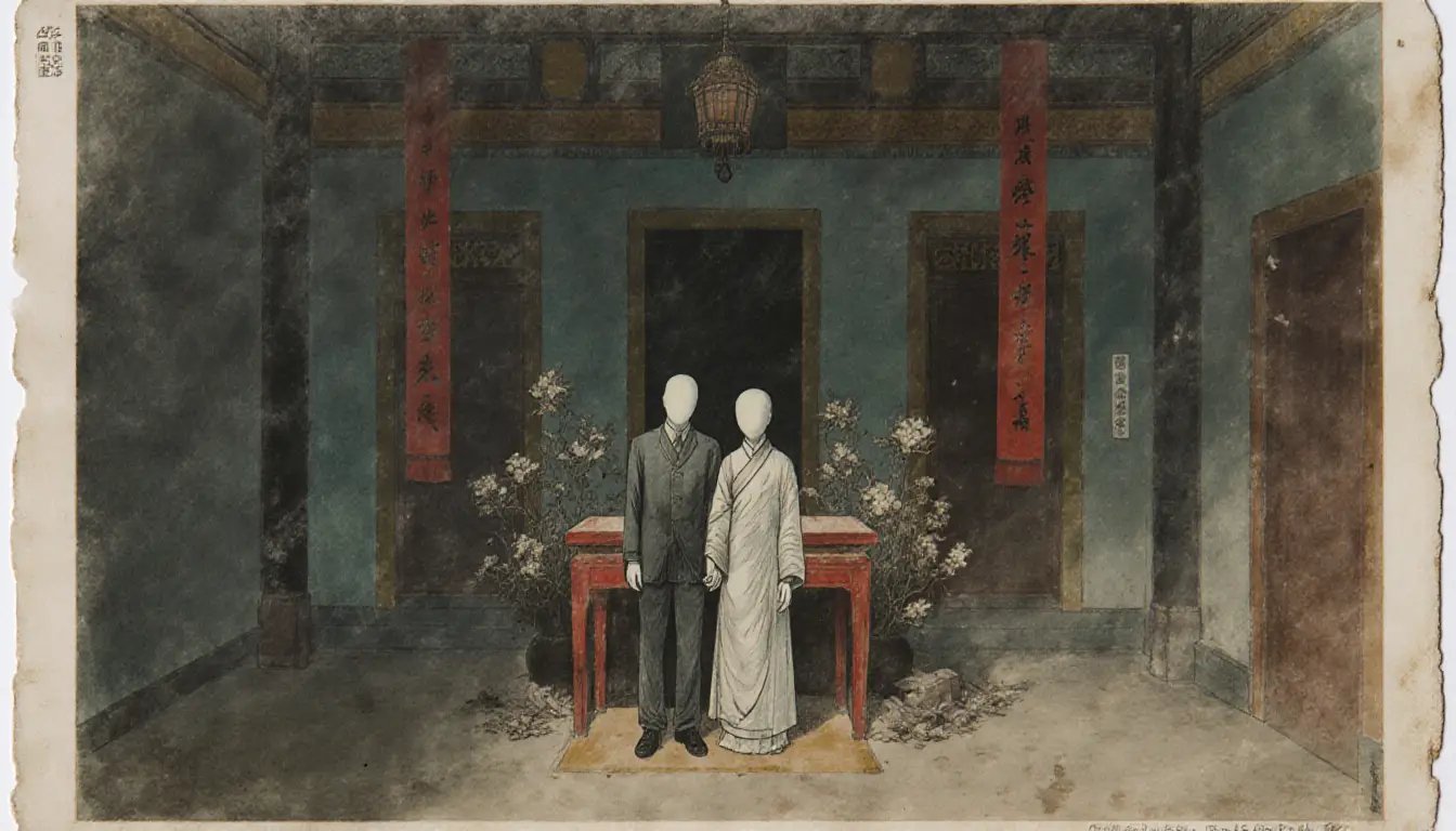 Ghost marriage bride and groom in a dim chinese hall