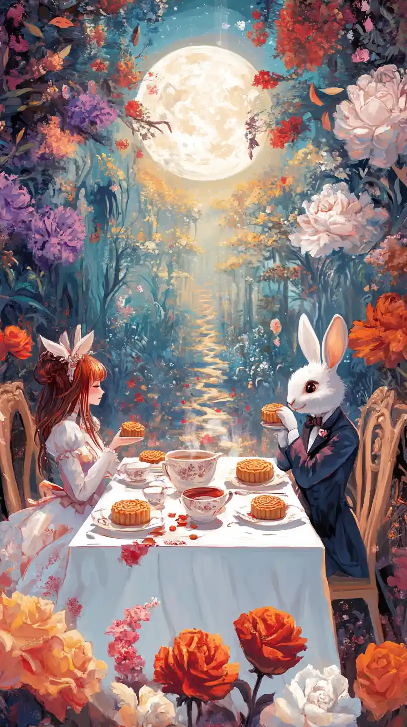 Alice And Rabbit Sharing Mooncakes At Forest Table