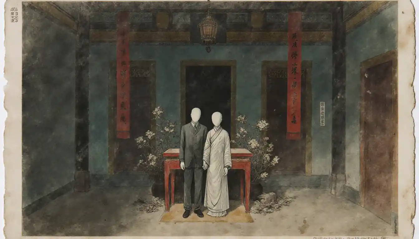 Ghost marriage bride and groom in a dim chinese hall