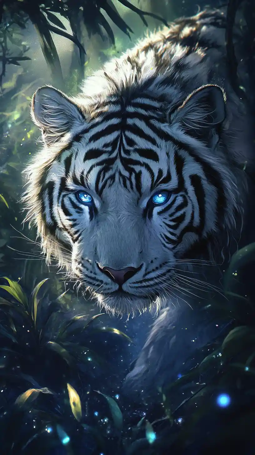 Mystical white tiger in an enchanted glowing forest