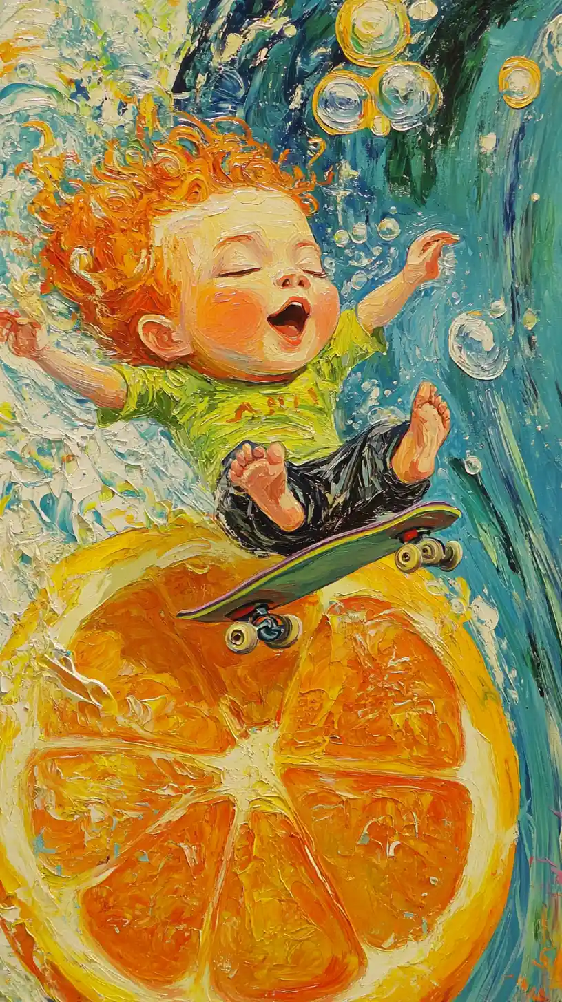 Chibi ginger girl skateboarding on a giant tangerine