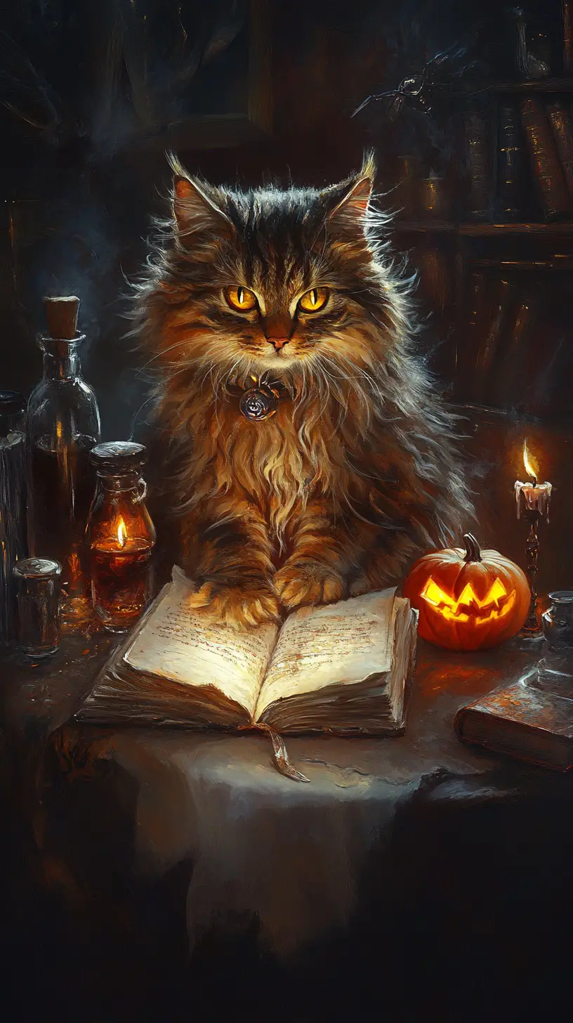 Witchy cat with glowing eyes in candlelit library
