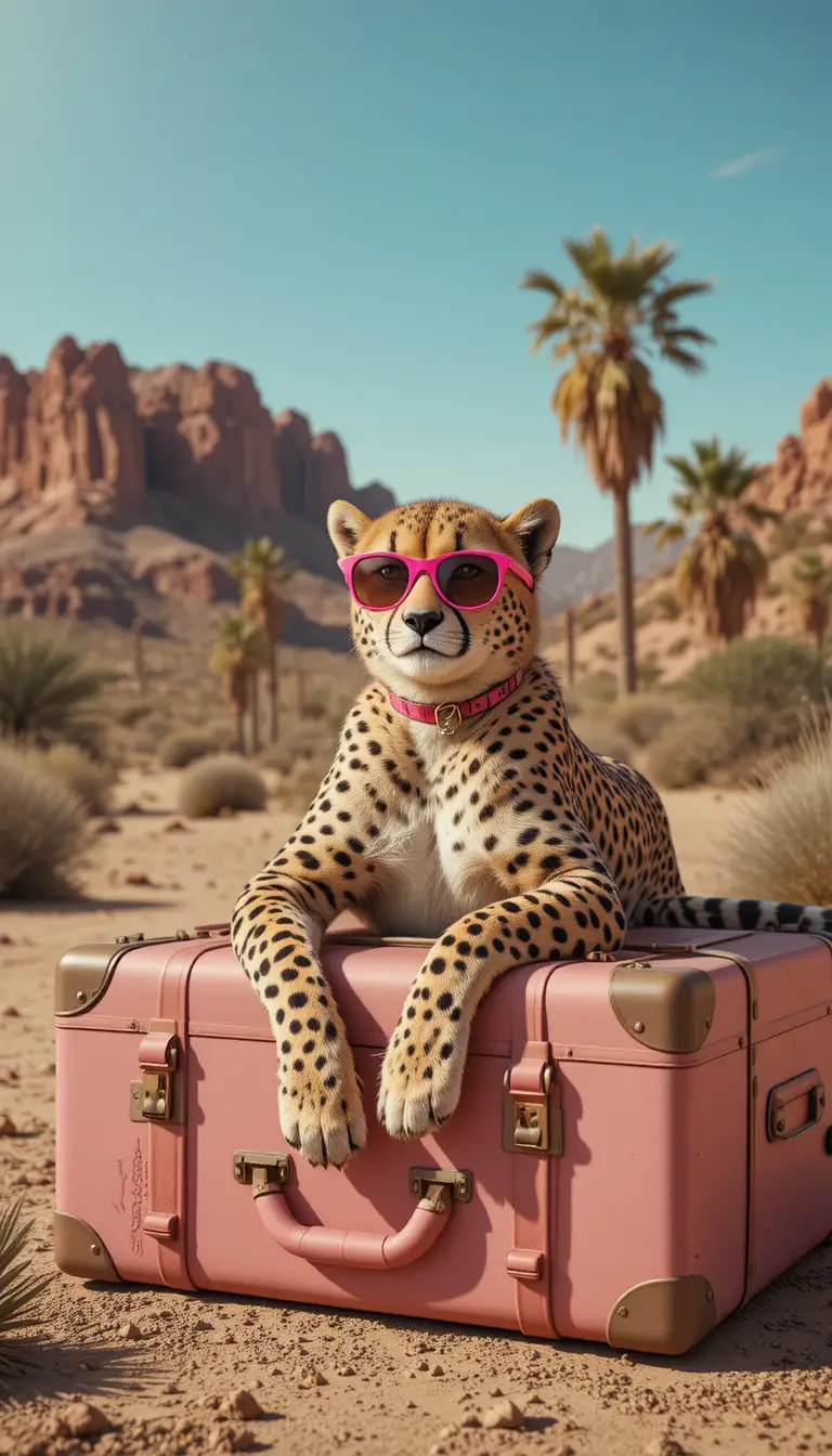 Stylish cheetah on pink suitcase in desert landscape