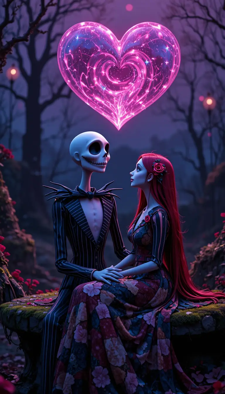 Romantic skeletal couple sharing a quiet forest moment