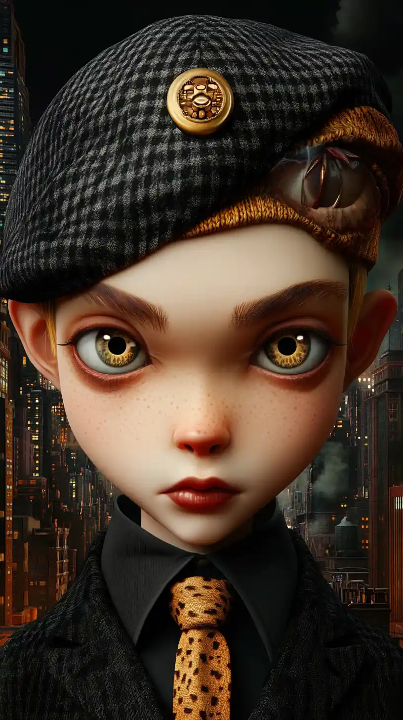 Androgynous figure in dystopian 3D city with surreal canine twist