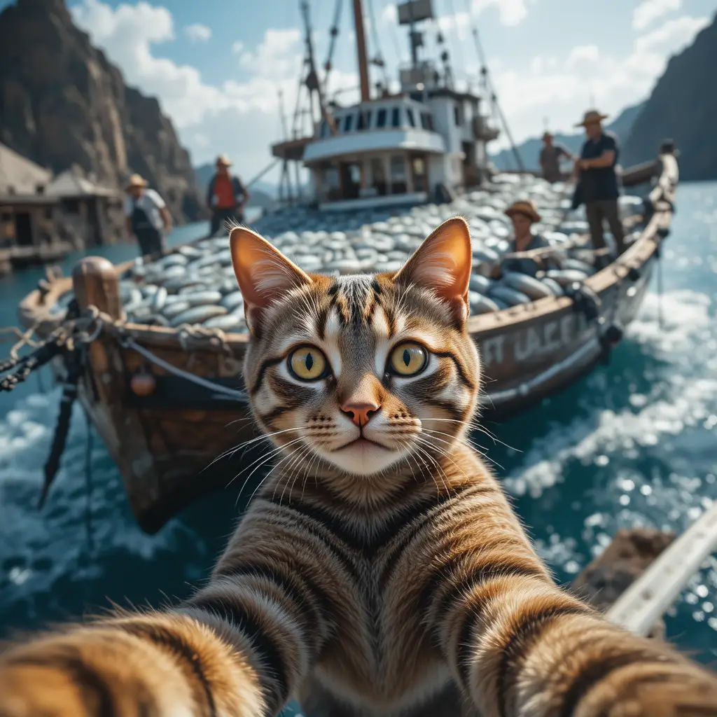 Tabby cat selfie with busy fishing boat behind