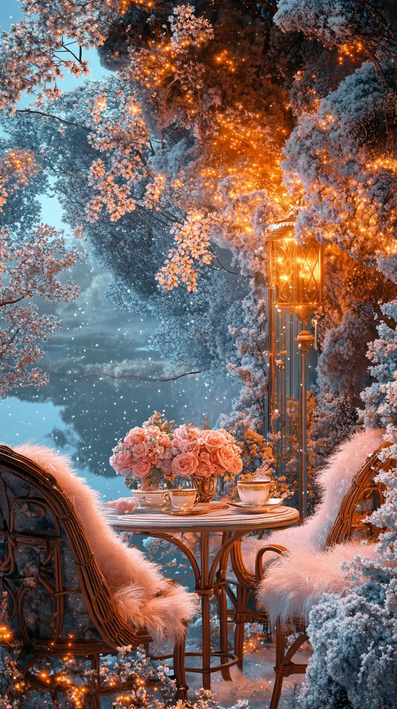 Romantic rococo balcony at sunrise with frosted lake view