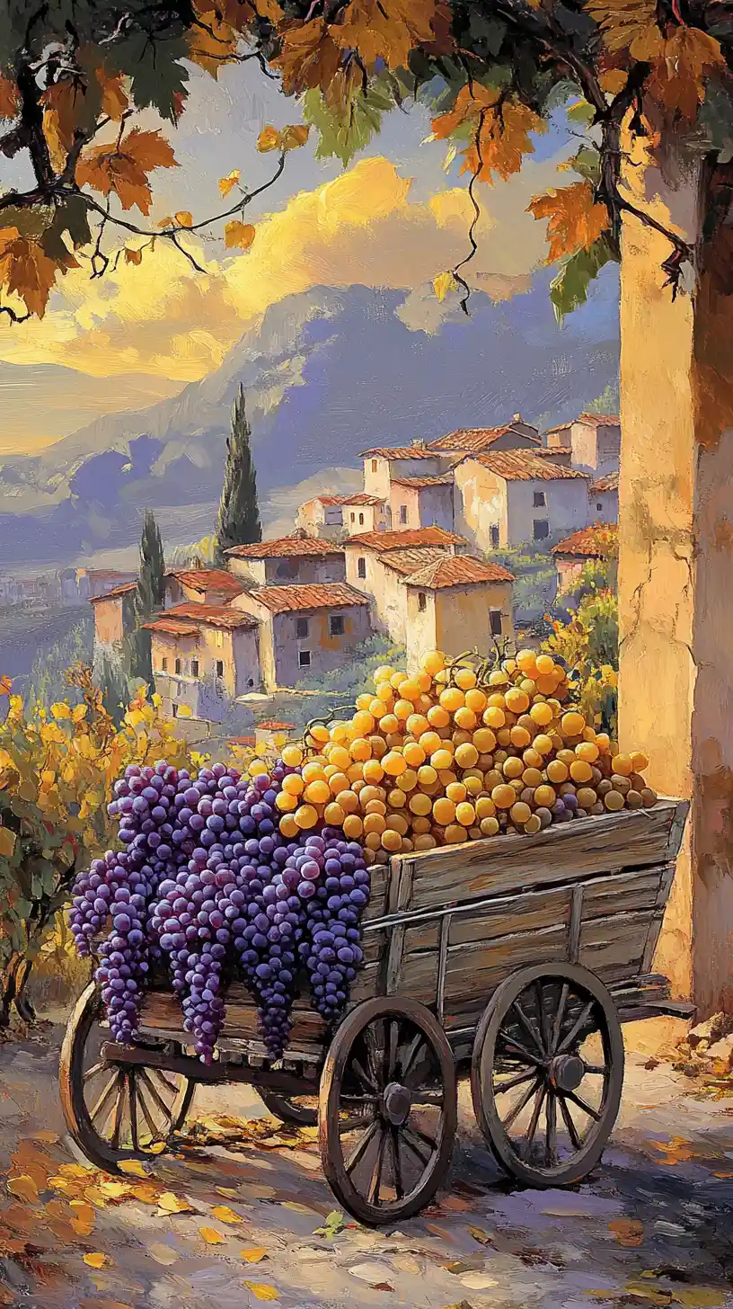 Sunlit cart of grapes in a peaceful italian countryside