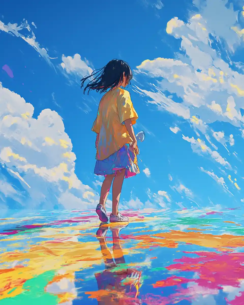 Illustrazione anime di forme colorate nel cielo blu