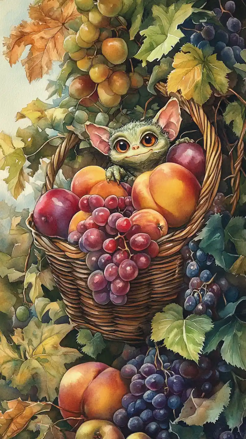 Happy gremlin with watercolor basket of ripe fruits