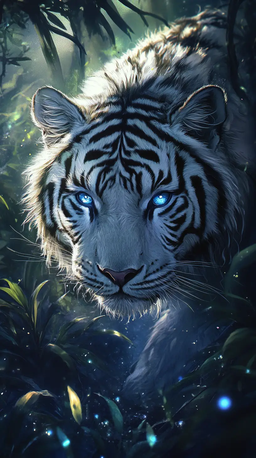 Mystical white tiger in an enchanted glowing forest