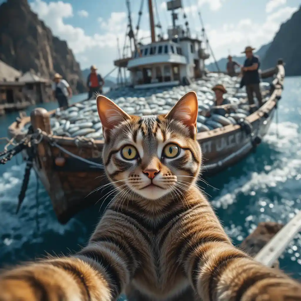 Tabby cat selfie with busy fishing boat behind