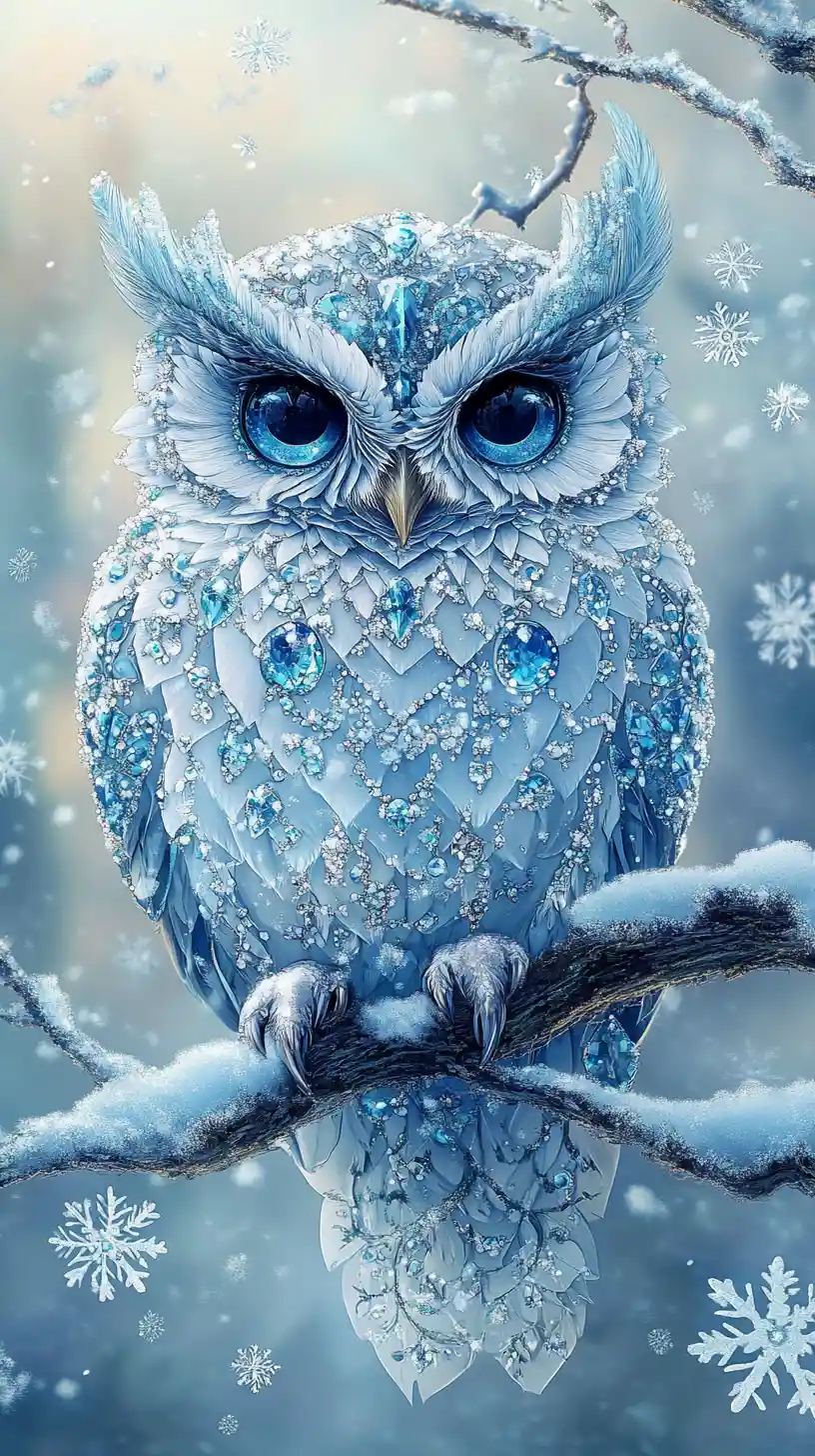 Diamond patterned owl on branch with falling snowflakes