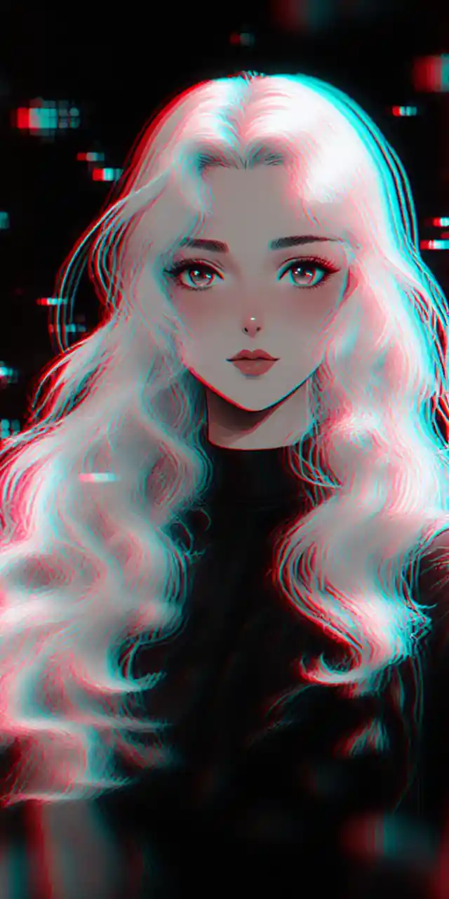 Anime woman in dreamy 3D anaglyph glitch illustration