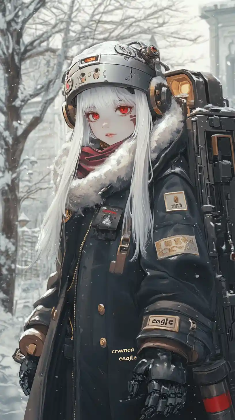 Anime robot maid girl with weapon in snowy church
