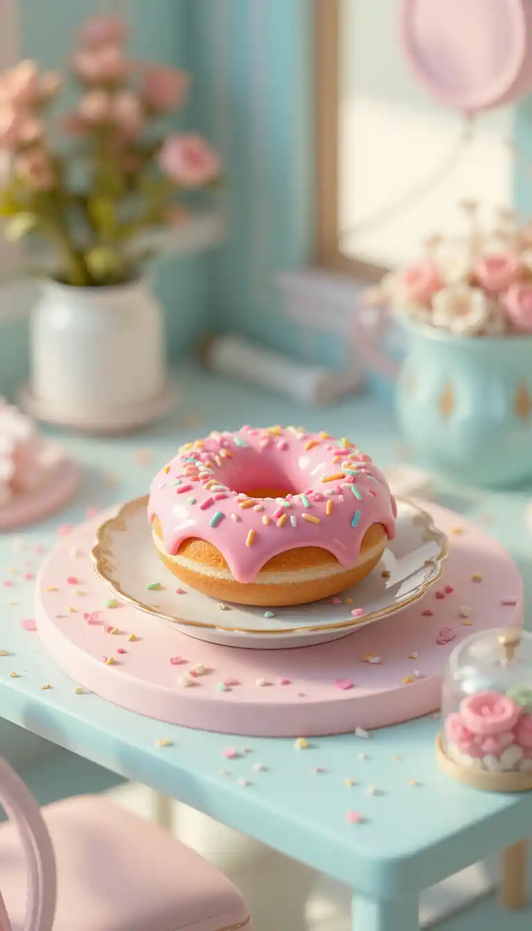 Cute pink donut diorama on a pastel tabletop scene