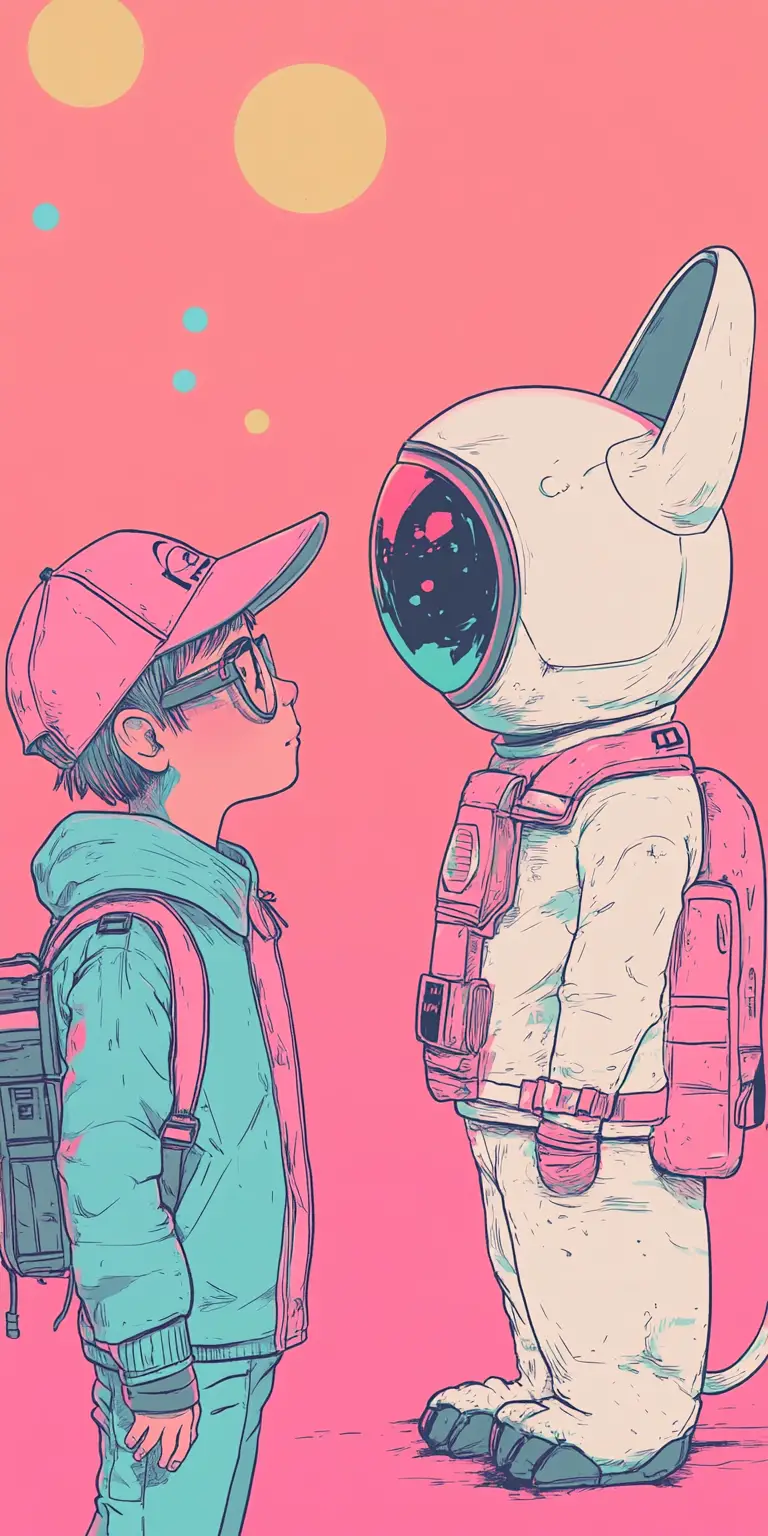 Cute anime child and animal in playful streetwear