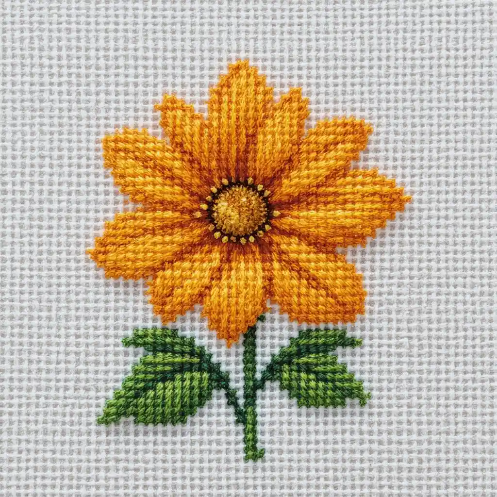 Pixelated cross stitch flower with green leaves on white