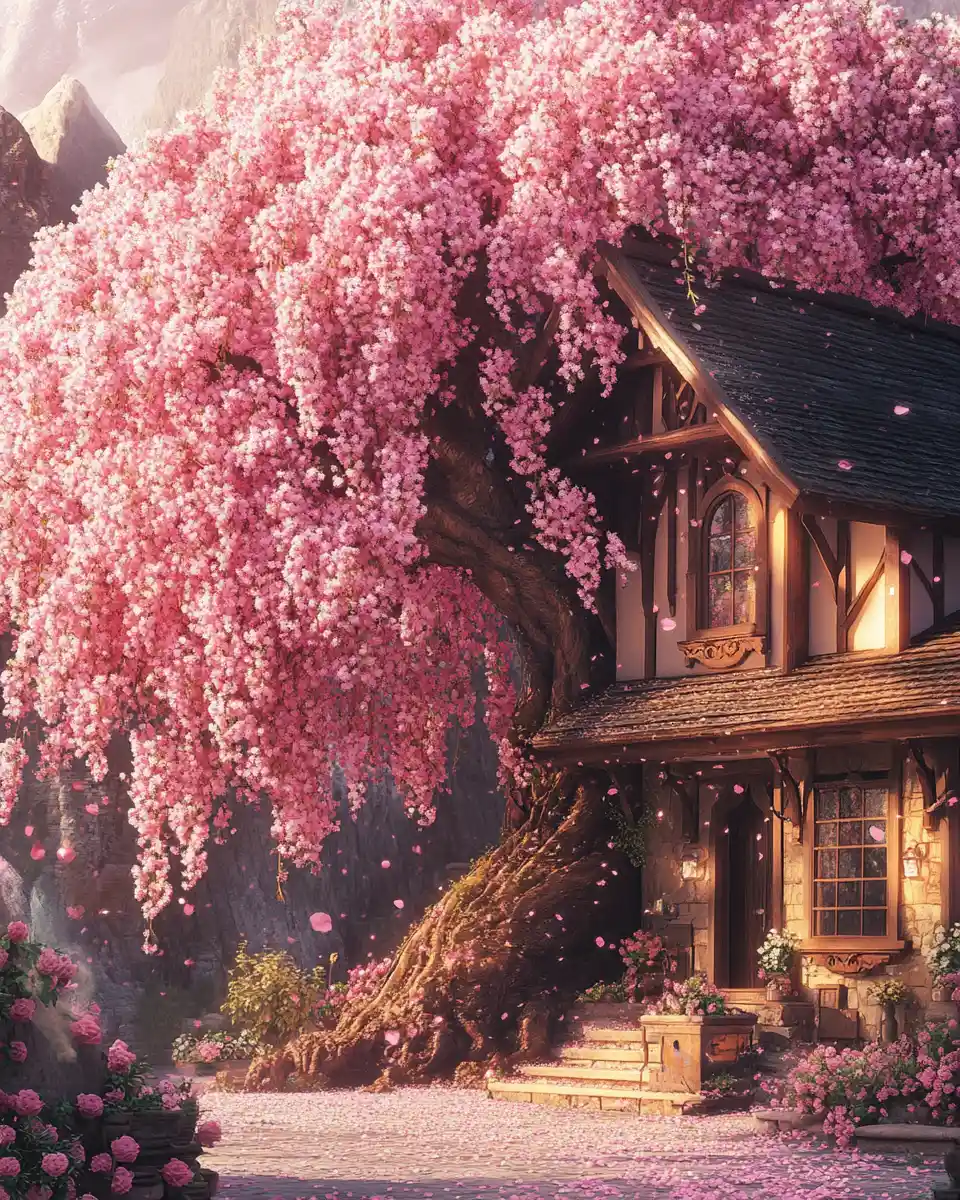 Majestic Pink Blossom Tree Beside A Cozy House