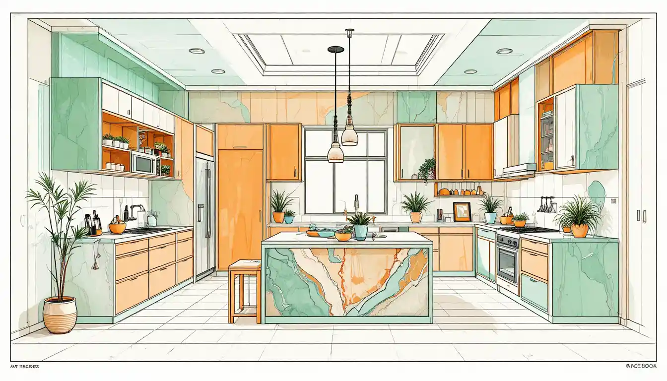 Modern galley kitchen architectural sketch with pastel accents