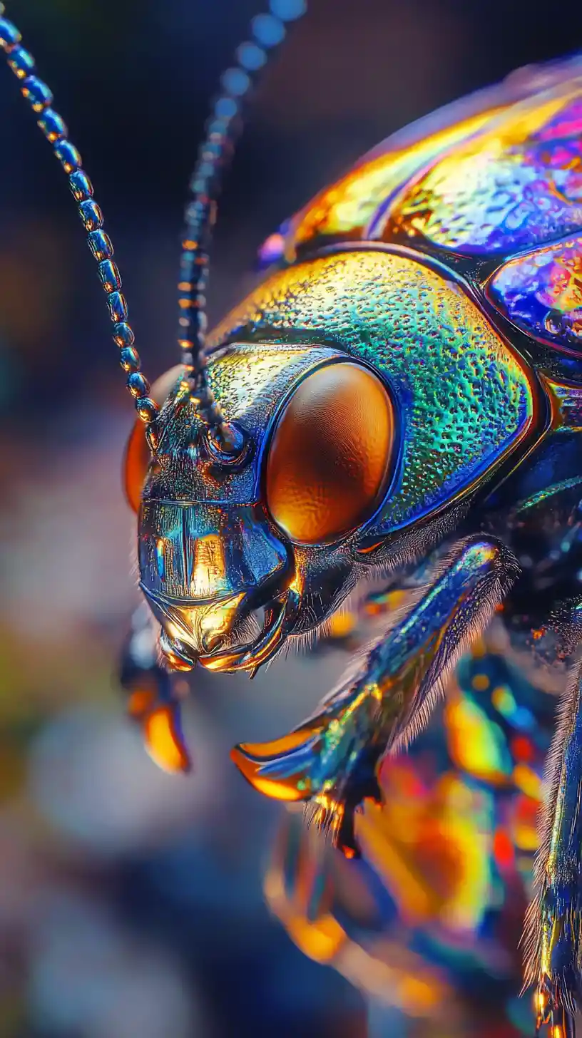 Primissimo piano di uno scarabeo gioiello con ali cromate