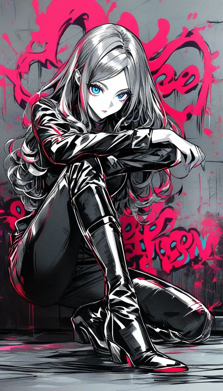 Monochrome fashion model illustration in urban graffiti scene