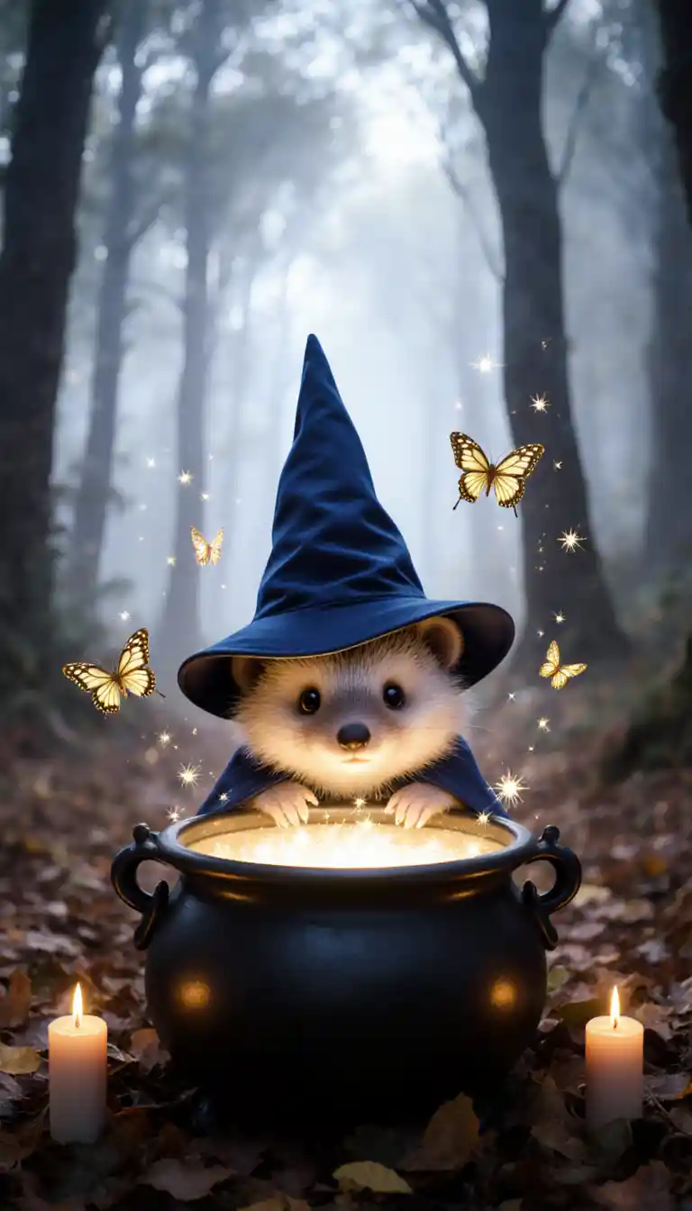 Cute wizard hedgehog gazing into a glowing cauldron