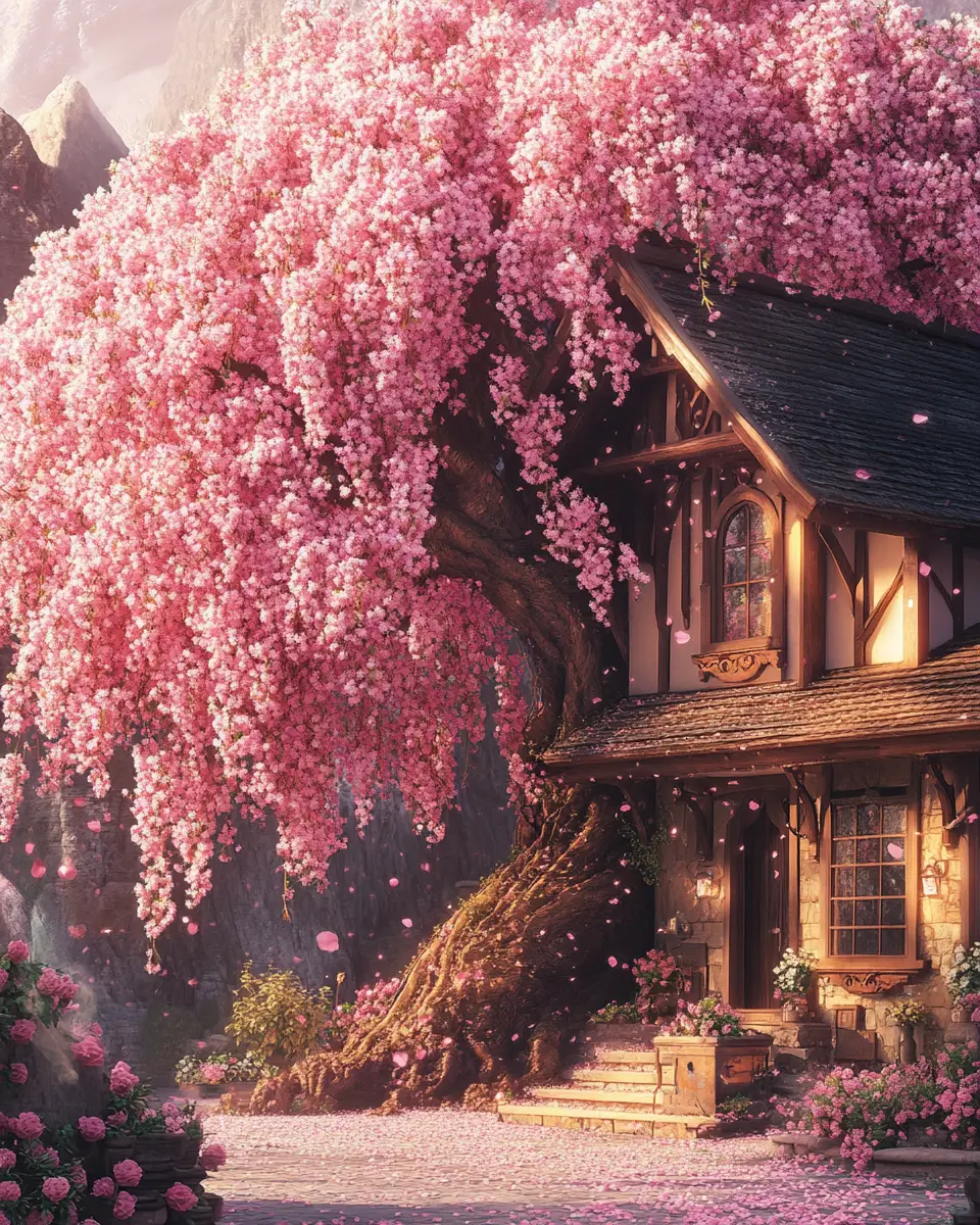Majestic Pink Blossom Tree Beside A Cozy House