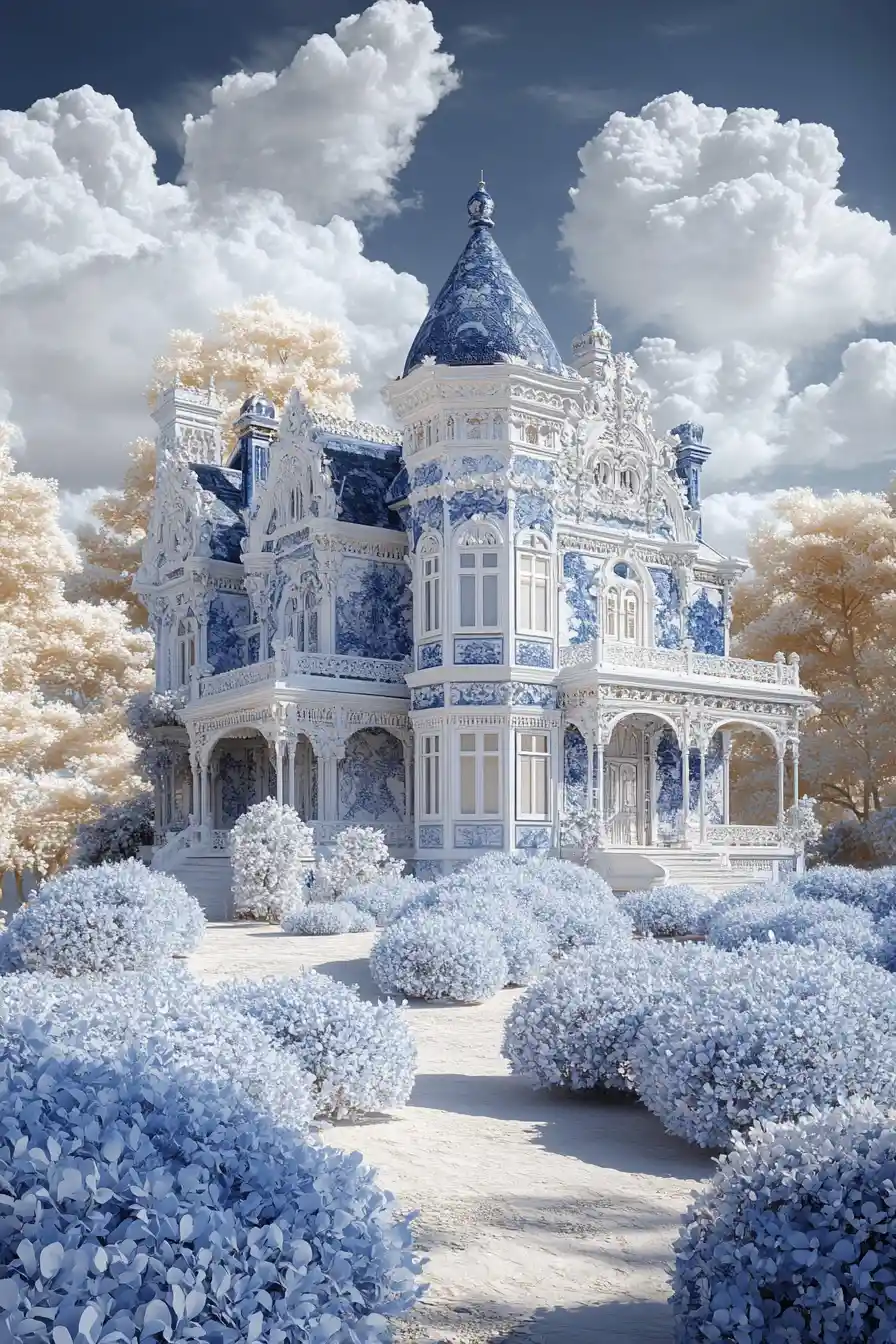 Demeure en porcelaine bleue et blanche dans un jardin floral onirique