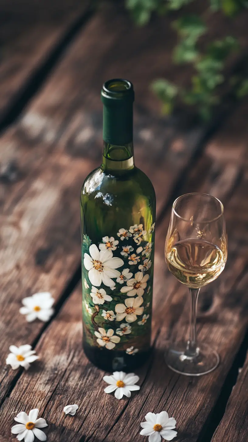 Vintage green wine bottle and glass on rustic table