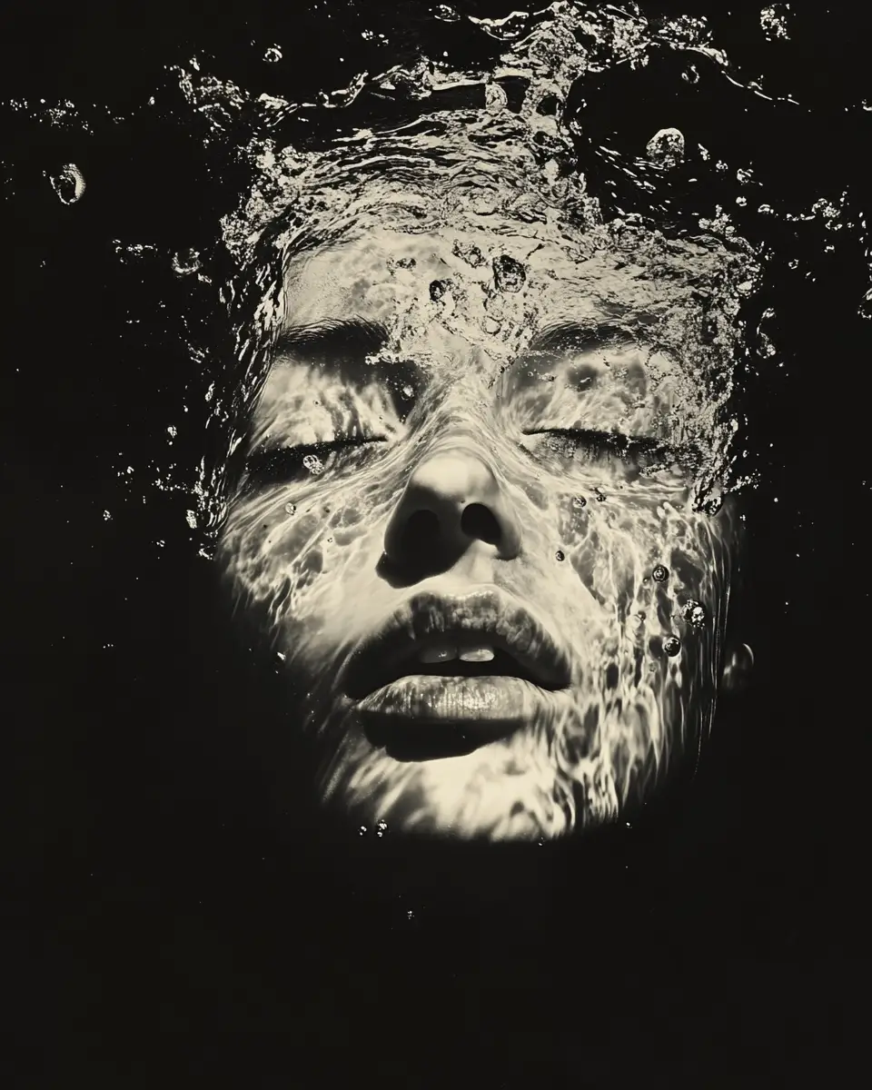 Woman face emerging from a dark reflective water surface