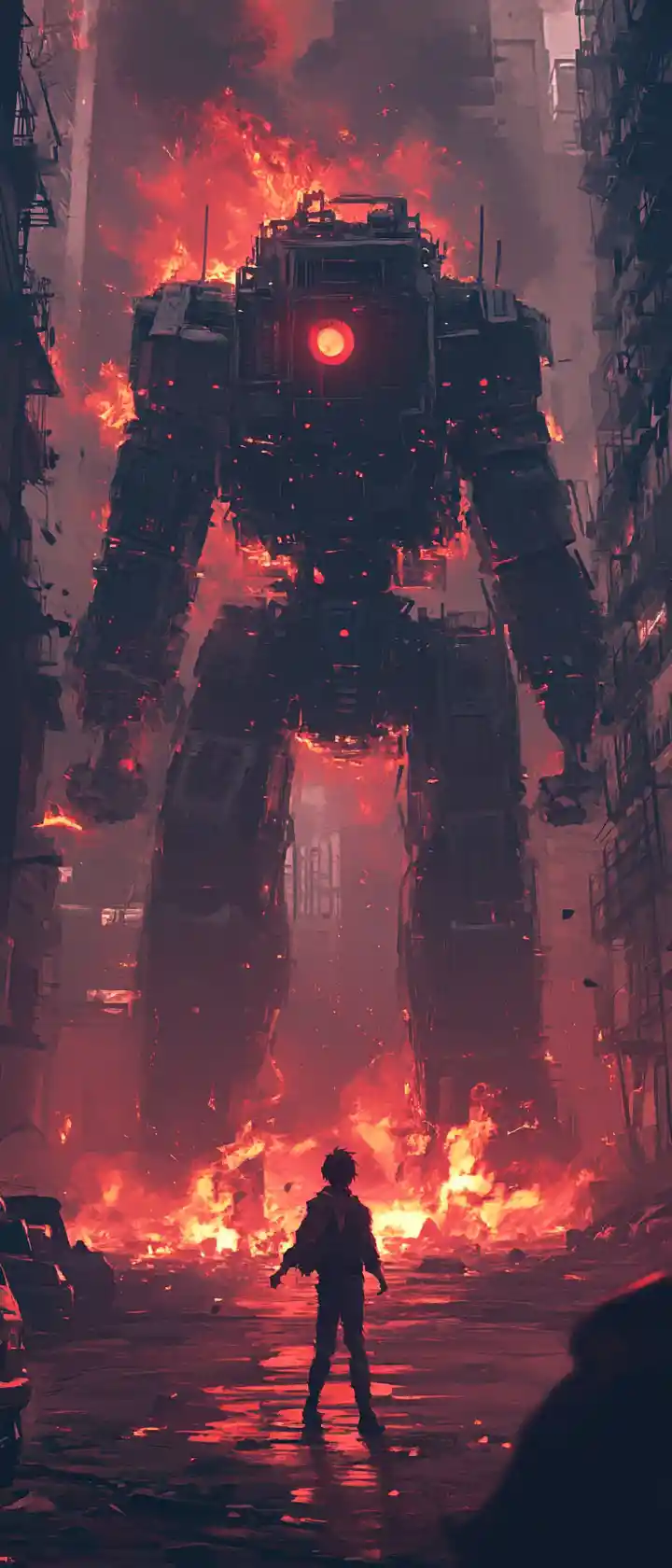Anime rebel boy throwing molotov on burning city street