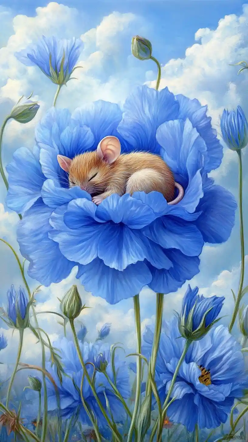 Tiny sleeping mouse nestled in a blue cornflower